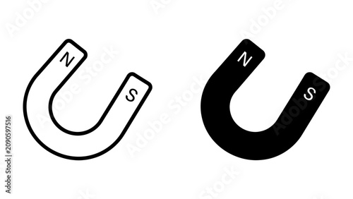 Foto Horseshoe Magnet Icon: A clean, modern icon representing a horseshoe magnet, shown in both outline and solid black styles, with clear labels for North (N) and South (S) poles