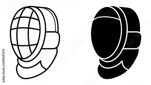 Fotografie Fencing Mask Icon Set: A minimalist collection featuring two stylized icons of a fencing mask, one outlined and the other a solid silhouette, representing the sport of fencing