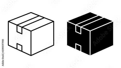 Canvastavla Cardboard Box Icon: Simple isometric illustrations of a cardboard box, presented in both outline and solid black versions, representing packaging and logistics