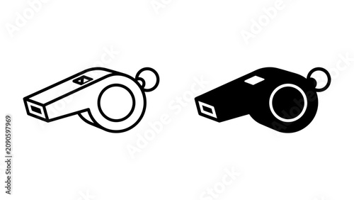 Fotografía Sport Whistle Icon: Two stylized icons of a sports whistle, one in outline and the other in silhouette, representing sports, games, and official calls