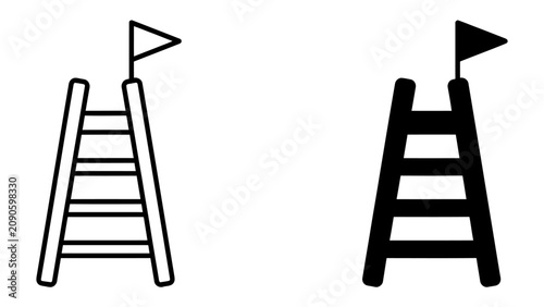 Obraz na plátně Ladder to Success: Two symbolic ladders, one in outline and one in solid black, stand tall with a flag at their peak, representing ascent, achievement, and the pursuit of goals