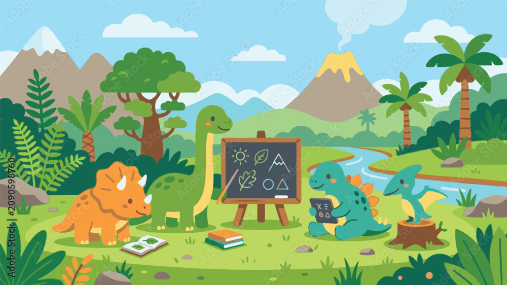 Naklejka premium Dinosaurs teach geometry in a prehistoric landscape with volcanoes and trees
