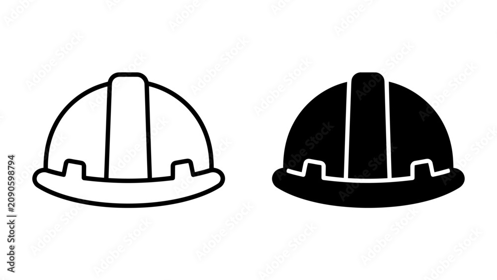 Fototapeta premium Hard Hat Icon: A simple, clean representation of a hard hat, presented in both outline and solid black versions, symbolizing safety and construction.