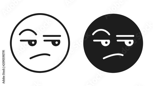 Schilderij op canvas Skeptical Faces Icon: Two minimalist circular icons, one black and one white, depict faces with raised eyebrows and narrowed eyes, conveying skepticism or suspicion