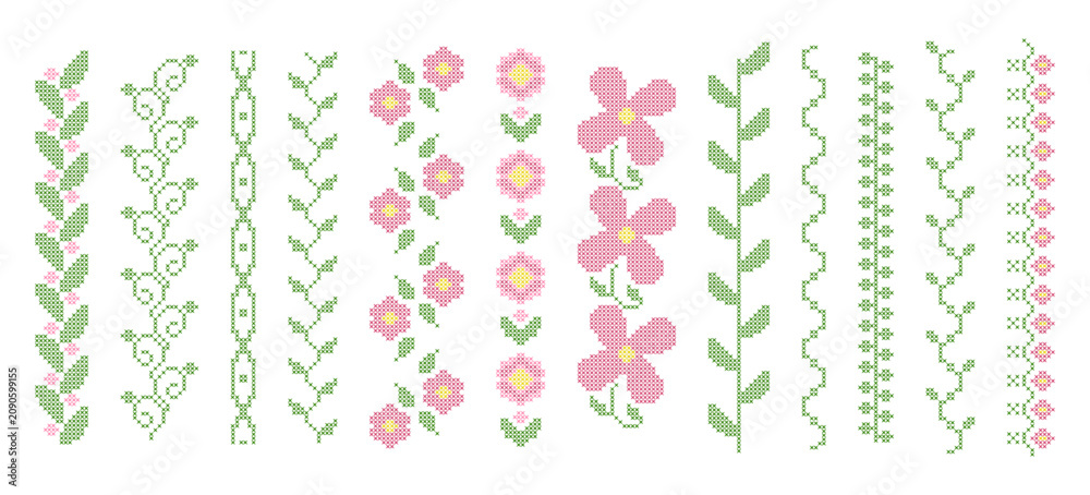 Obraz premium Cross stitch floral border with embroidery pattern, seamless pixel art design. Vector botanical folk motif, pink spring flowers and green leaves on white background. Abstract geometric frame elements