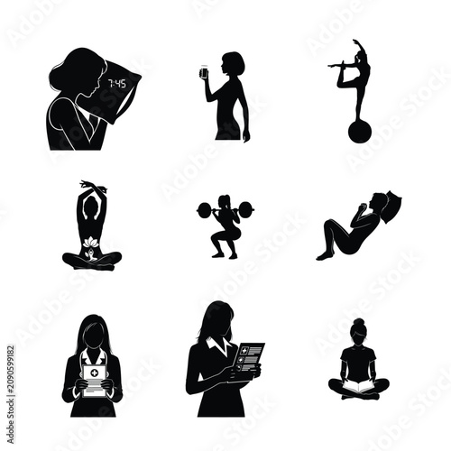 Pregnant Women Silhouettes Office Work Stretching Prenatal Health Care