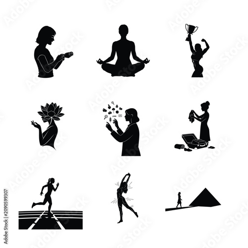 Sitting Meditation Silhouettes Zen Peace Mindfulness Wellness Poses