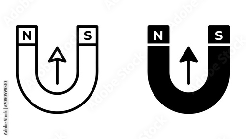 Quadro su tela Horseshoe Magnet Symbol: Two horseshoe magnets, one outlined and one solid black, depict polarity with 'N' and 'S' labels and an upward-pointing arrow indicating magnetic field direction
