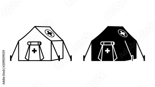 Medical Tent Icon Set: Two stylized icons of a medical tent, one outlined in white and the other a solid black silhouette, both featuring the universal medical cross symbol.