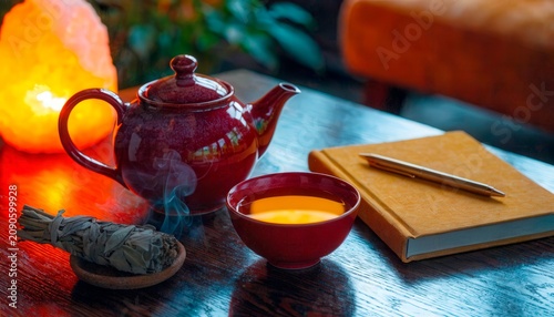 Warm tea and sage bundle on a wooden table with a notebook and pen in a cozy indoor space