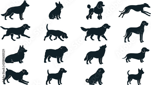 Cuadro en lienzo Dog Breed Silhouette Set Featuring Various Purebred Canines in Different Poses f