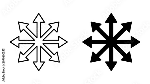 Eight Pointed Arrow Symbol, Symbol of Direction and Choice: Two graphic symbols, one outlined and one solid black, depict an eight-pointed star with arrows radiating outwards, symbolizing direction.