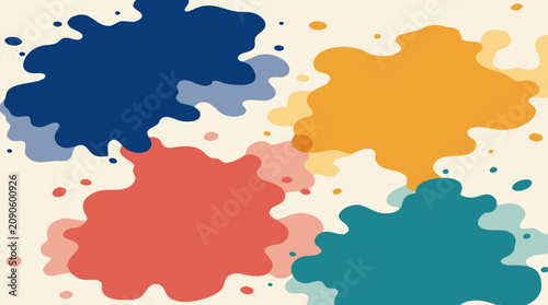 Colorful abstract spilled ink blots bleeding softly across warm cream paper, organic splash shapes in navy, coral, teal and golden yellow for modern vector backgrounds and design projects