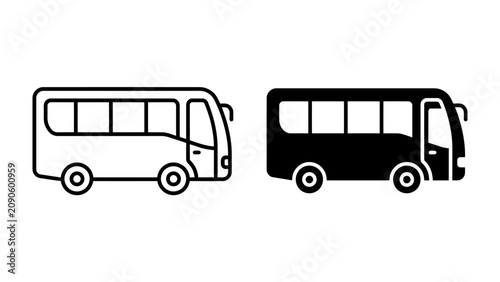Bus Icon Set: A simple graphic representation of a bus in two distinct styles, outline and solid fill, perfect for various design applications.