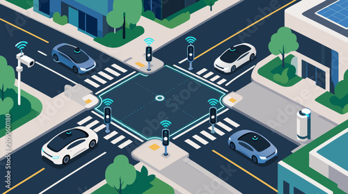 Sleek autonomous electric cars wait politely at a glowing smart city intersection with connected traffic signals, crosswalk sensors, urban greenery and futuristic mobility infrastructure