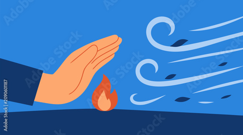 Protective hand cupping a fragile orange flame symbolizing precious emergency savings while fierce winds threaten to extinguish it, representing financial resilience, security planning, and the