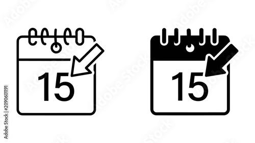 Calendar Date Reminder: Two stylized icons of a calendar page showing the number 15, with an arrow pointing downwards, signifying a reminder for a specific date or event.