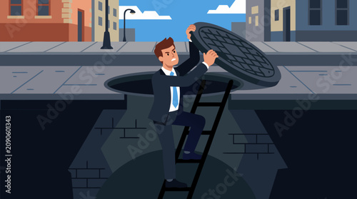Business resilience vector illustration of confident businessman lifting heavy manhole cover and climbing from dark underground tunnel to city street, escape, recovery, problem solving and opportunity