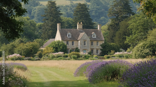 Idyllic Cotswolds country house surrounded by lush green gardens, lavender fields, and rolling hills