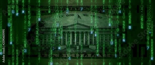 Electronic Currency Concept with Ten Dollar Bill made from Animated Code. Modern Banking Wallpaper.