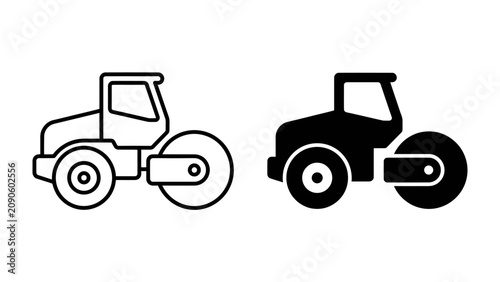 Valokuva Road Roller Icons: Two distinct icons depicting a road roller, one in outline and the other in solid black, representing construction and compaction machinery