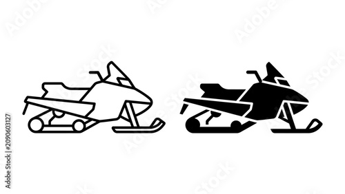 Snowmobile Icon Set: A collection of two stylized snowmobile icons, one in outline and the other in solid black, representing winter recreation and adventure.