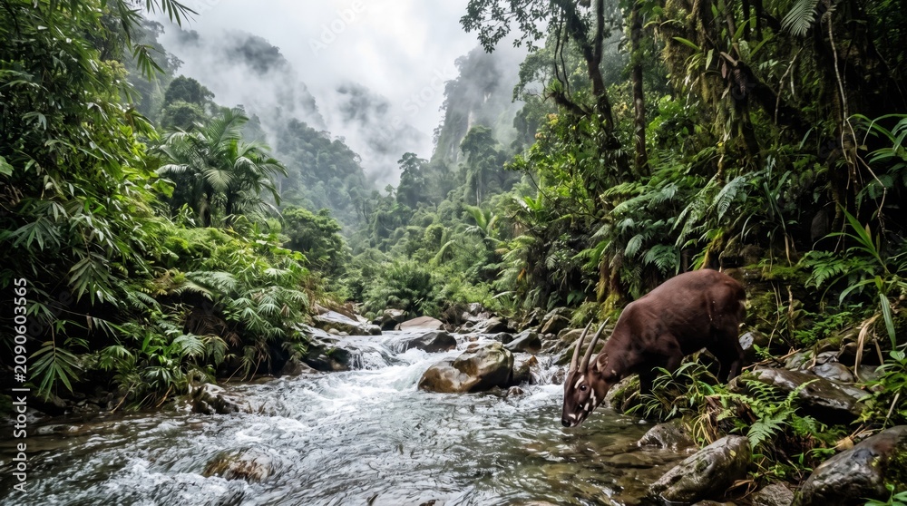 Obraz premium a rare saola (pseudoryx nghetinhensis) drinking from a river in a misty rainforest