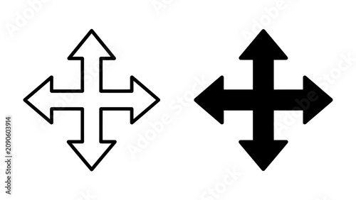 Four-Directional Arrow Icons: A set of two cross-shaped arrow icons, one outlined in white and the other solid black, symbolizing movement, direction, and navigation in all four cardinal directions.