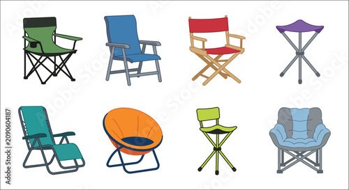 Collection Of Folding Chairs In Various Colors A Vector Illustration chair camp portable seat outdoor