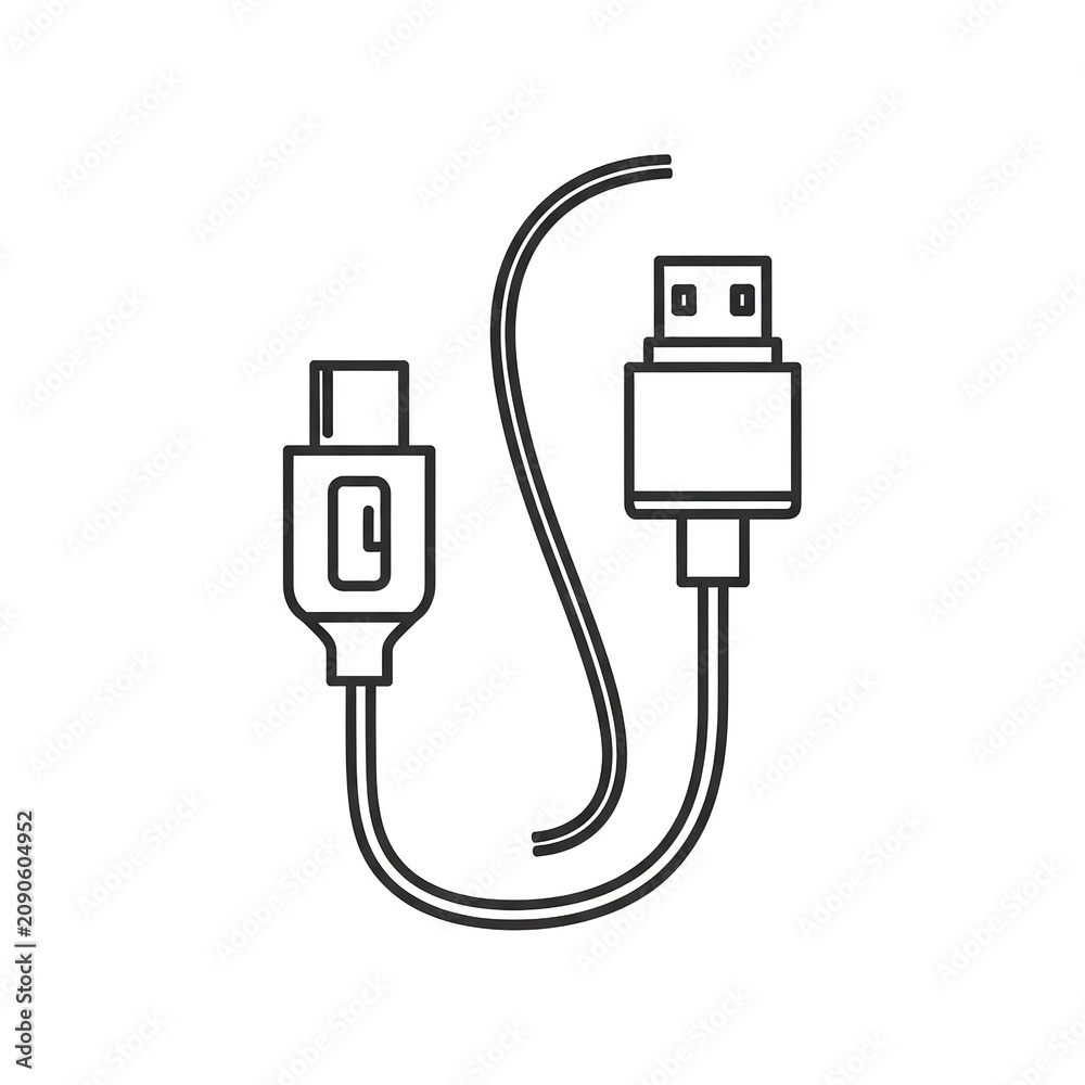 Fototapeta premium Minimalist Outline Icon of a USB Cable Charging Cord.