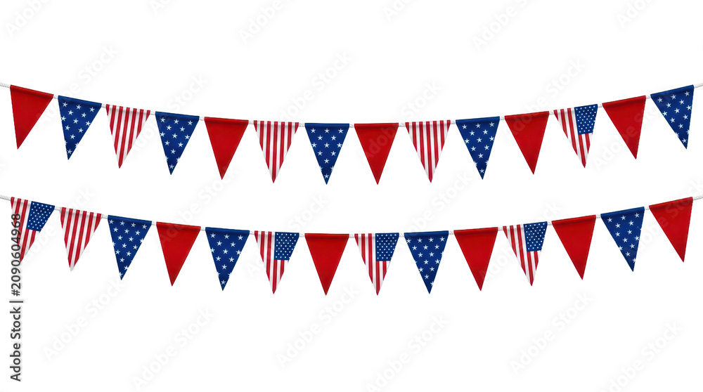 Fototapeta premium Red and blue patriotic pennant bunting flags hanging for celebration isolated on transparent background