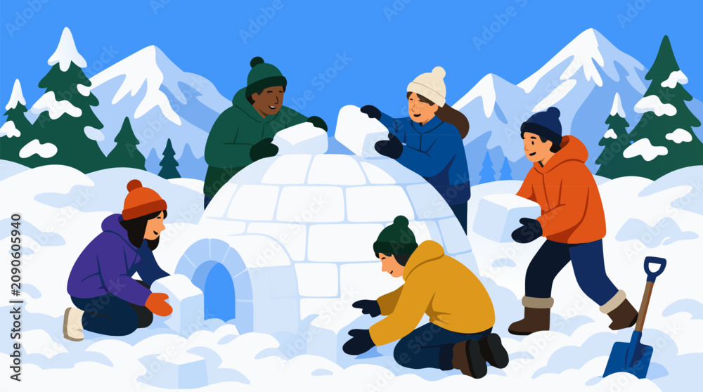 Fototapeta premium Friends building an igloo together in deep snow, placing ice blocks amid pine forest and bright alpine mountains, cheerful winter teamwork adventure in flat vector illustration scene
