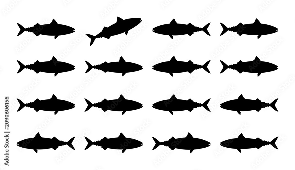 Fototapeta premium Shark Silhouettes Collection, Marine Life Icons, Ocean Predators Vector Set, Aquatic Animal Graphics