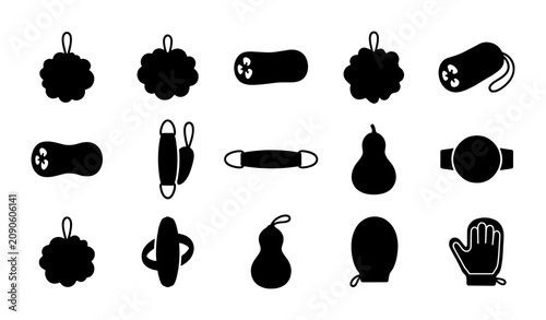 Foto 15 Bath Accessories Icons, Shower Loofah and Sponge Vector Set, Personal Care Hy
