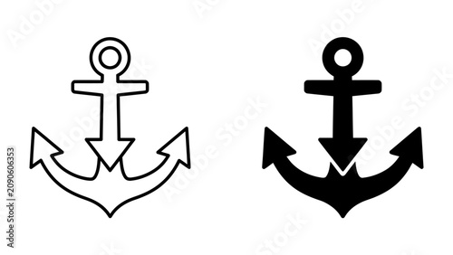 Bild auf Leinwand Nautical Anchor Icons: A set of two graphic icons representing a nautical anchor, one outlined and the other solid black, symbolizing maritime strength and stability