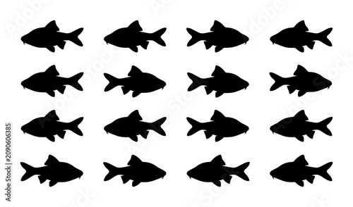 Foto Seamless Pattern of 16 Black Fish Silhouettes, Aquatic Life Vector Graphic, Simp