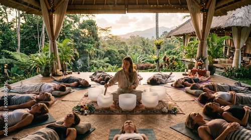 A woman leads a meditative sound bath with crystal singing bowls for a group in a lush tropical open-air pavilion at sunset.
