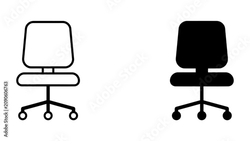 Office Chair Icon Duo: A set of simple, clean icons representing an office chair, one in outline and the other in solid black, perfect for web design and user interface elements.