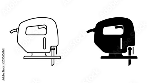 Bild auf Leinwand Jigsaw Tool Illustration: A clear illustration of a jigsaw, presented in both outline and solid black fill, showcasing a versatile power tool used for cutting various materials with precision
