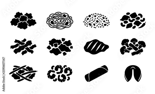 Foto Asian Food Icons Set, Chinese Cuisine Vector Graphics, Diverse Meal Elements Col