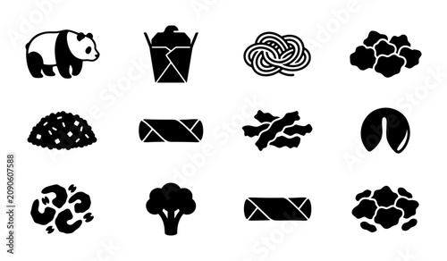 Fotografie Chinese Food Icons Set, Asian Cuisine Vector Graphics, Panda, Noodles, Spring Ro