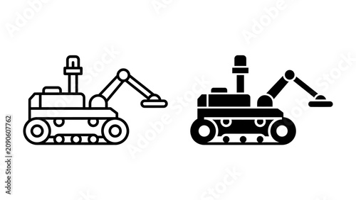 Foto Robot Icon Set: A set of stylized robot icons, one in outline and one filled, depict a compact robotic vehicle with tracks and an articulated arm, representing automation and futuristic technology