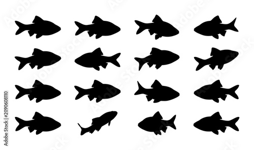 Fotografie School of Black Fish Silhouettes, Aquatic Life Vector Icons, Marine Animal Graph