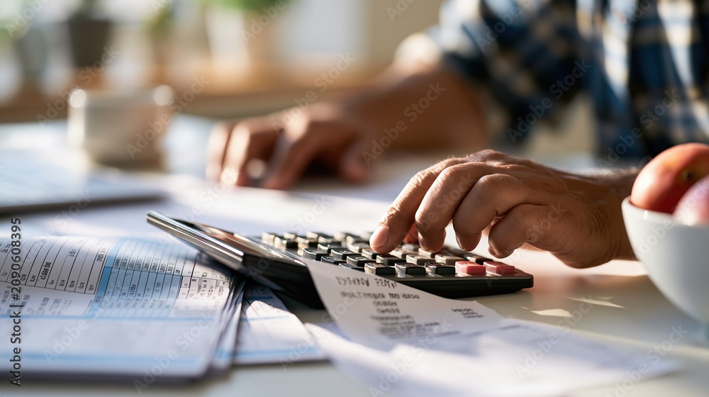 Obraz premium Person using calculator for financial planning and budgeting at home office desk with papers and fruits