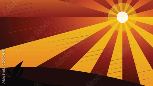 Golden Abstract Sunburst over Landscape with Plant Silhouette Geometric Flat Design Illustration for Nature Theme Background Web Banner and Presentation Asset