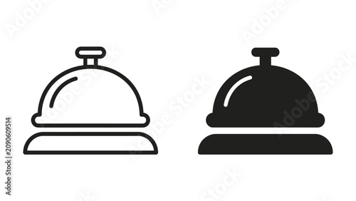 Service Bell Icons: A set of clean, modern icons representing a service bell, offering both a line art and solid silhouette version, perfect for hospitality or customer service contexts.