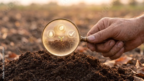 Hand holding a magnifying glass over dark earth revealing a tiny green seedling with roots and water, leaf and checkmark icons in warm light as a soil health and analysis concept