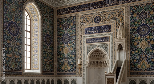 Ornate Islamic Prayer Hall Decorated with Mosaic Tilework and Arched Window