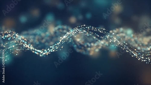 Abstract glowing particles form a flowing wave in dark space
