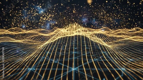Abstract golden digital waves flowing through a dark space field